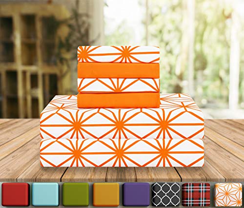 Elegant Comfort Luxury Soft Bed Sheets Cube Pattern - 1500 Premium Hotel Quality Microfiber Softness Wrinkle and Fade Resistant (4-Piece) Bedding Set, Twin/Twin XL, Joyful Orange