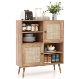 GiantexUK Rattan Storage Sideboard, Wooden Buffet Storage Cabinet with 2 Doors, 4 Open Cubbies & Anti-toppling Device, Boho Freestanding Organizer Cupboard for Kitchen Dining Living Room
