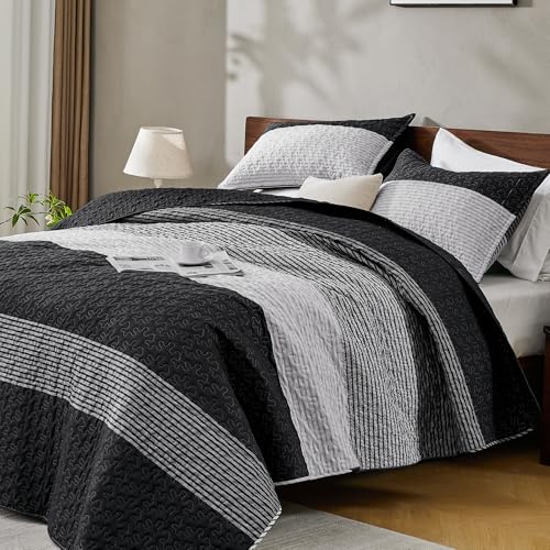 Andency Oversized King Quilt Set, Black White Stripe Bedspread, 3 Pieces - 120x98 Inch Soft Lightweight Grey Patchwork Quilted Bed Set for All Seasons (1 Quilt, 2 Pillowcases)