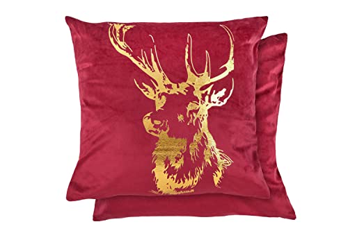 Emma Barclay Velvet Stag - Soft Plush Velvet Cushion Cover with Foil Print in Red Bordeaux - 17x17 (43x43cm)