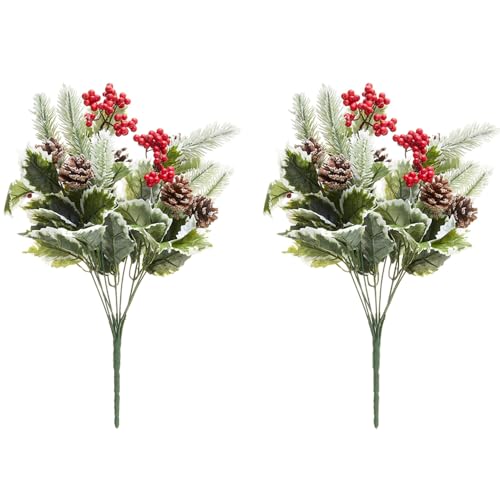 Admired By Nature 10 Stem Artificial Holly Leaves Berries Christmas Bush Home Decor, Indoor Floral Arrangement, 2 Pc Set