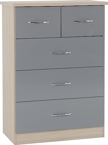 Kelsey Stores Nevada 3 Plus 2 Chest Of Drawers 5 Drawer Chest (Grey Gloss/Light Oak Effect Veneer)