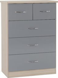Kelsey Stores Nevada 3 Plus 2 Chest Of Drawers 5 Drawer Chest (Grey Gloss/Light Oak Effect Veneer)