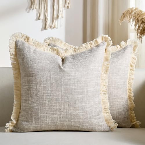 Faux Linen Fringe Decorative Throw Pillow Covers 18x18 Inch Set of 2 Beige Burlap Boho Farmhouse Pillowcases with Tassels Rustic Woven Textured Cushion Cases for Sofa Bed Living Room Home Decor