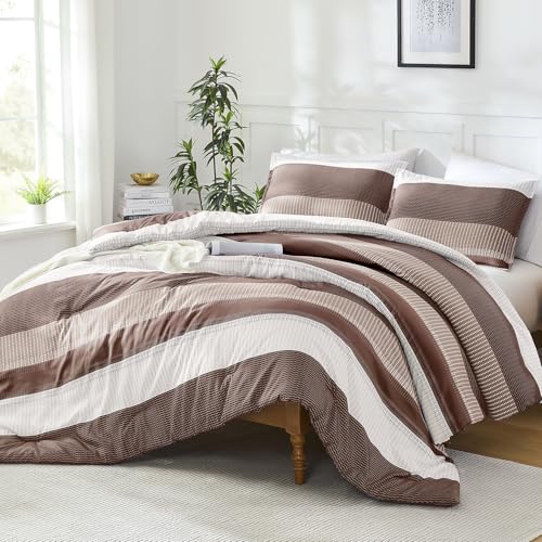 Litanika Brown Twin/Twin XL Comforter Set - 2 Pieces Stripe Bedding Sets - College Dorm Girls Boys Lightweight Colorblock Stripe Fluffy Bedding Comforter Sets