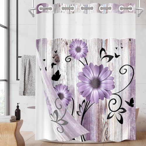 Nesphy No Hook Purple Flower Shower Curtain with Snap in Fabric Liner Set, Rustic Farmhouse Daisy Double Layers Waterproof Fabric with See Through Top Window Open Grommet Bath Curtain 71x74 Inch