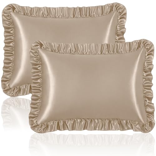 Homiest Taupe Ruffle Satin Pillowcase Set of 2, Standard - 3-Inch Ruffled Edge, Envelope Closure, Silky Polyester Satin, Protects Hair And Skin, Fade Resistant, Machine Washable