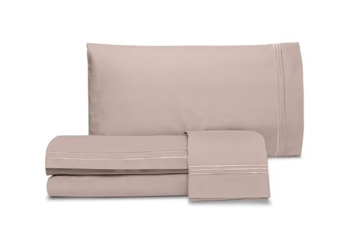 hermet Laura Biagiotti Double Bed Sheet Set, Plain Colour with Embroidery, 100% Cotton Percale, Top Sheet, Fitted Sheet, Pair of Pillowcases, Antique Pink