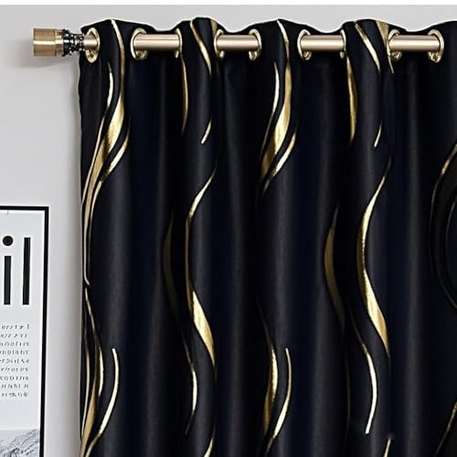 MYRU 1 Pair Black Blackout Curtains for Bedroom, Luxury Striped Curtains for Living Room(Black and Gold, 2 Panels 54 x 106 Inch)