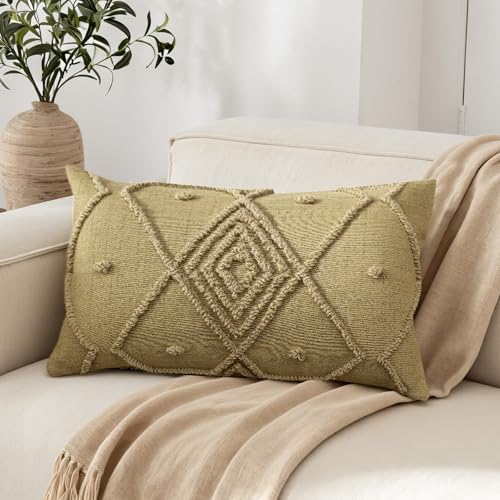 RinRinfam Boho Textured Lumbar Pillow Cover 12x 20, Diamond Woven Tufted Farmhouse Neutral Decorative Linen Pillow Cushion Case,Geometric Home Decor for Outdoor Couch Bedroom Car Olive