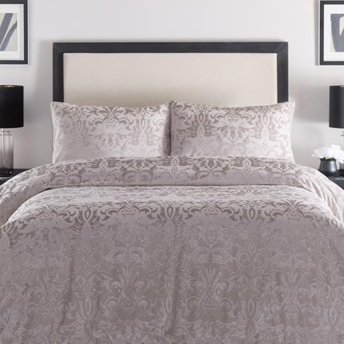 Laurence Llewelyn-Bowen - Linen Embossed Damask Duvet Cover - Double Bedding Size (200 x 200cm) - 2 Pillowcases - Cream Linen Velvet Damask Bedding - Luxury Bedding Set - Jacquard Duvet Set