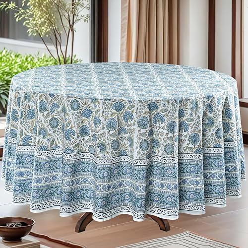 Ridhi Round Tablecloth Hand Block Print 100% Cotton Reusable Asparagus Green 60 Inch Table Cover Decorative Everyday Use for Dining, Home, Party, Wedding, Farmhouse Gift for Spring, Mother's Day