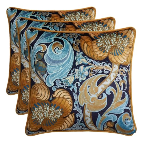 Laurence Llewelyn-Bowen Velvet Cushion – Ochre & Navy Damask Floral Design, 43x43cm – Reversible with Piped Edge – Filled Decorative Cushion – Down the Dilly Collection (Pack of 3)