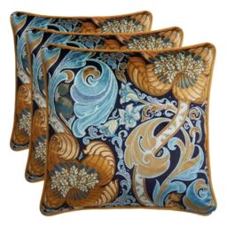 Laurence Llewelyn-Bowen Velvet Cushion – Ochre & Navy Damask Floral Design, 43x43cm – Reversible with Piped Edge – Filled Decorative Cushion – Down the Dilly Collection (Pack of 3)