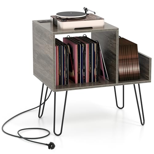CASART Record Player Stand, Turntable Stand with Charging Station, Removable Dividers & Metal Legs, Vinyl Record Storage Cabinet Holds up to 145 Albums End Table for Living Room Bedroom (Grey)