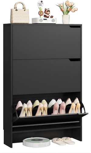 IRONCK Shoe Cabinet with 3 Flip Drawers, Slim Shoe Storage Unit with Adjustable Shelves Wooden Shoe Rack Cabinet, Freestanding Cupboard Organizer for Entryway Hallway, for 18-24 Pairs Shoes (Black)