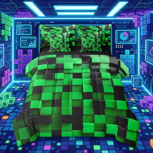 jejeloiu Pixelated Green and Black 7 Piece Bedding Set Full Size,Geometric Check Video Games Bed in a Bag for Boys Girls,Gamepad Grid Comforter Set with Sheets,Pillowcases & Cushion Cover Room Decor
