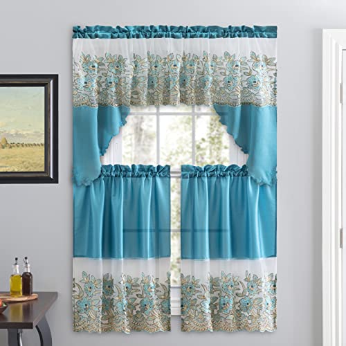 American Linen 3-Piece Sequin Embroidered Caf?? Curtain Set - 3-piece curtain set with matching valance and tiers. Floral embroidery, sequin accents, semi-sheer light-filtering fabric.