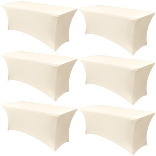 Obstal 6 Pack Stretch Spandex Table Covers for 6 Foot Tables - 6 FT Universal Rectangular Fitted Tablecloth Protector for Wedding, Banquet, Party (Cream, 72 Length x 30 Width x 30 Height Inches)