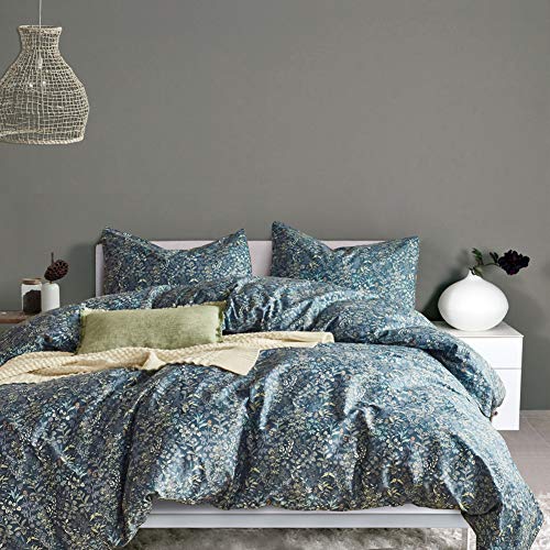 mixinni Blue Floral Duvet Cover King Size Cotton Flowers Pattern King Bedding Set Garden Style Comforter Cover Set with Zipper Closure-Luxury Quality Soft Durable Easy Care (3pcs, King Size)