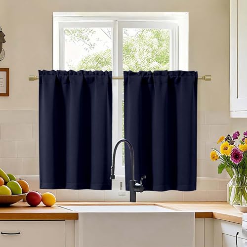 "Simplebrand Navy Blue Cafe Curtains Tier 36 Inch Length 2 Panels Set, Half Window Blackout Curtains for Kitchen, Rod Pocket Tier Thermal Insulated Window Treatment Short Curtain, Each 30"" Wx36 L"