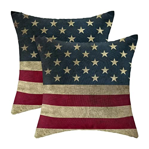 AEIOAE 4th of July Pillow Covers 18x18 Set of 2, Retro American Flag Decorations Throw Pillow Covers Patriotic Memorial Day Outdoors Decorative Linen Cushion Case for Home and Office