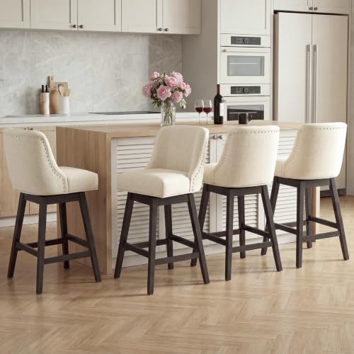 Bar Stools Set of 4, 360° Swivel Upholstered Counter Stools with Back, Wooden Frame Kitchen Bar Chairs with Nailhead Trim, Counter Height for Kitchen Island, Breakfast Bar, Dining Room,Beige
