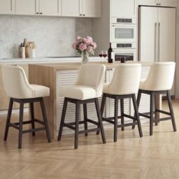 Bar Stools Set of 4, 360° Swivel Upholstered Counter Stools with Back, Wooden Frame Kitchen Bar Chairs with Nailhead Trim, Counter Height for Kitchen Island, Breakfast Bar, Dining Room,Beige