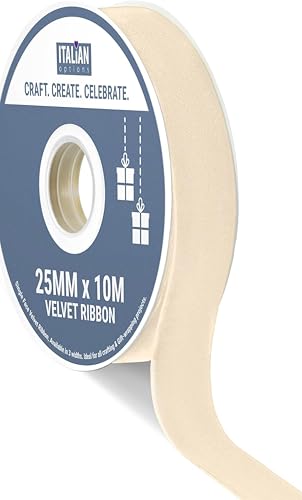 Italian Options Velvet Ribbon, Luxury, Single-Face Velvet Ribbon for Crafting, Christmas, Bows, Hair, Cakes, Weddings, Ornaments, Gift Wrapping, Flowers, 25mm x 10 Metre Roll, Champagne