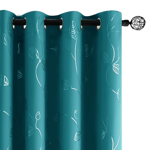 BUHUA White Black Out Curtains 84 Inch Long 2 Panels, Soundproof Curtains with Elegant Silver Leaf Print, Heat Blocking Curtains for Livingroom, 52W x 84L, Teal Blue