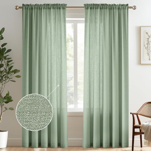 "Melodieux Sage Green Semi Sheer Curtains 84 Inches Long for Living Room, Bedroom Linen Look Farmhouse Rod Pocket Shiny Sheer Curtain Drapes Light Filtering Home Office, 52"" W x 84"" L, 2 Panels"