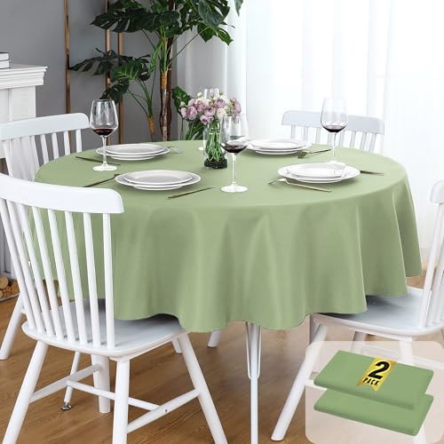 FOLINS&HOME 2 Pack Sage Green Round Tablecloth - 60 Inch Waterproof 210 GSM Wrinkle Free Polyester Circle Table Cloth, Spillproof Washable Wipeable Table Cover for Party, Wedding, Dining (2 Pcs)
