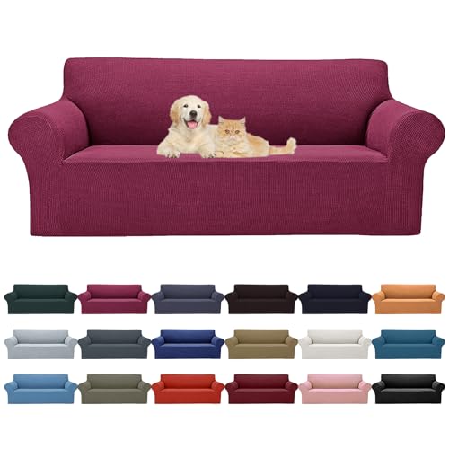 Cupuamon 2026 New Stretch Oversized Sofa Slipcovers Couch Sofa Cover for 4 Seater Furniture Protector Covers with Elastic Bottom Jacquard Fabric Small Checks for Pets, Kids - Wine
