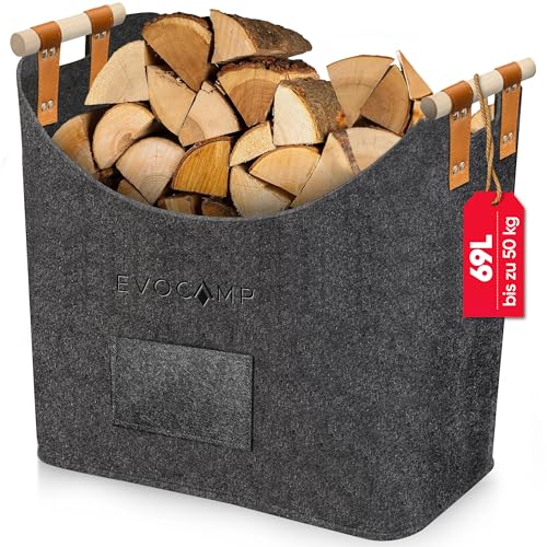 EVOCAMP Large felt log basket for firewood and storage, XXL dark grey felt fireplace basket with wooden handles, log bag 44 x 44 x 30 cm