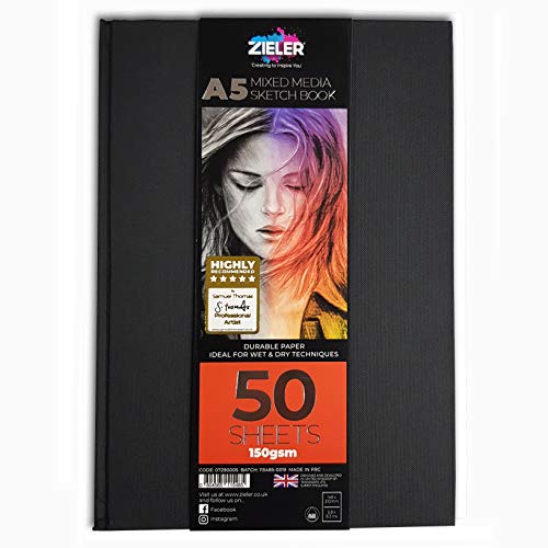 Hardback Casebound Mixed Media Sketch Book ??? 150gsm 50 Sheets - by Zieler???. Ideal for use with Pencils, Charcoal, Graphite, Pastels & Light Watercolour. Acid Free Sheets - Portrait (A5)