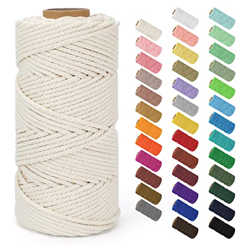 Macrame Cord 4mm x 109Yards (328Feet), Natural Cotton Macrame Rope - 4 Strands Twisted Macrame Cotton Cord for Wall Hanging, Plant Hangers, Crafts, Gift Wrapping and Wedding Decorations, Beige