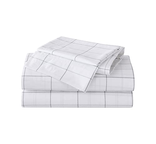 Eddie Bauer Home Sheets Cotton Percale Bedding Set, Crisp & Cool, Stylish Home Decor,4 pcs, Queen, Northern Plaid Grey/White