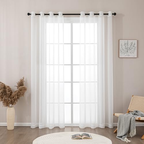 Sonive Curtains Set of 2 L 300×W 145 cm 57×118 in Linen-Look Transparent Decorative Curtain Sheer Curtains for Bedroom Living Room, White