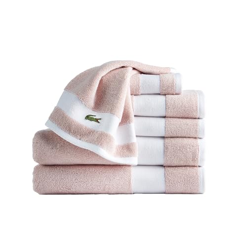 Lacoste Sport Stripe 6 Piece Luxury Cotton Towel Set - Made of 100% Soft Supima Cotton, Absorbent and Quick Dry, 2 Bath Towels, 2 Hand Towels, 2 Pouches, Light Pink