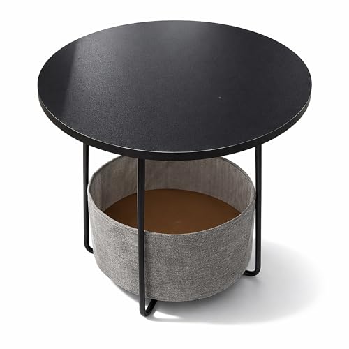 Relaxdays side table, round coffee table with fabric storage basket, H50xD45cm, MDF, metal, black-grey