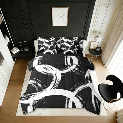 Erosebridal White and Black 7 Pcs Comforter Set Queen Abstract Line Minimalist Ink Painting Bedding Set for Kids Boys Girls Simple Graffiti Art Modern Geometric Sheet Set Boho Cool Unique Mens Quilt