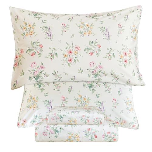 "QSH Green Floral Sheets Queen Size,Yellow Flowers Botanical Pattern Printed Bedding Sheets 100% Egyptian Cotton Sheet Queen Size Set Extra Soft and Breathable 17.5"" Deep Pockets Bed Sheet 4pcs"