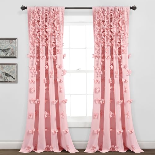 "Lush Decor Riley Window Curtain Sheer Ruffled Textured Bow Window Panel for Living, Dining Room, Bedroom (Single), 54"" W x 84"" L, Pink"
