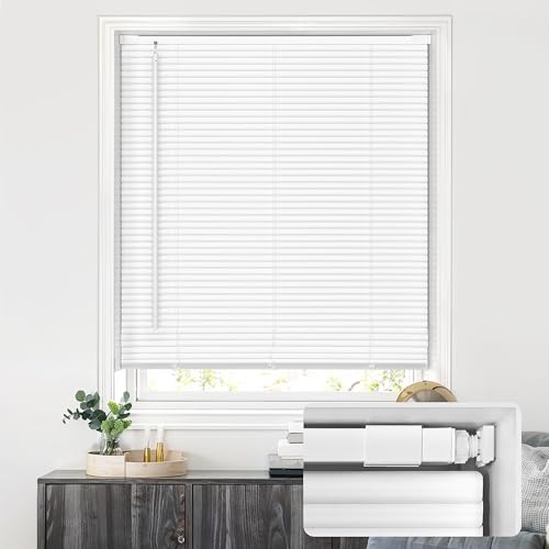"LazBlinds No Drill Vinyl Mini Blinds, 34"" W x 48"" H, White - S-Shaped Slats Create a Tighter Seal, Ideal for Bedrooms, Kitchens & Bathrooms"