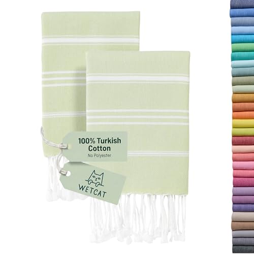 "WETCAT Turkish Hand Towels with Hanging Loop, Set of 2 (20"" x 30"") 100% Turkish Cotton, Pre-Washed, Quick Drying, for Kitchen or Bathroom - Seafoam Green"