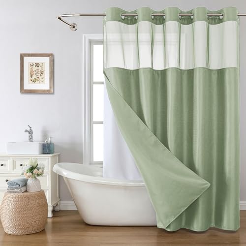 eachope Sage Green No Hook Shower Curtain with Snap-in Fabric Liner Set,Waffle Weave Shower Curtains for Bathroom,Hotel Luxury Decor Bathroom Curtain Set,Waterproof & Washable,71Wx74H