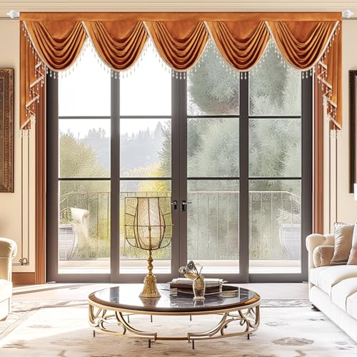 VOGOL Orange Velvet Waterfall Valance, Rod Pocket, 138 x 43, 1 Panel - Wide Window Coverage, Soft Fabric Texture, Layered Swag Design, for Living Room and Large Windows