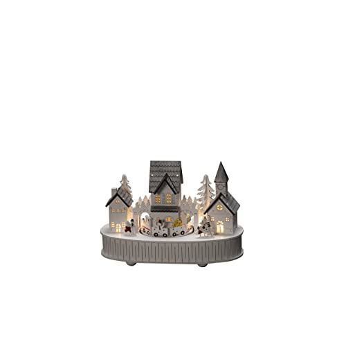 Konstsmide Wooden Christmas Decoration/Silhouette Village Ornament Motif with Rotating Train/Battery Operated: 2xAA (Excl.)/Wind Up Music and Train Scene Warm White Diodes