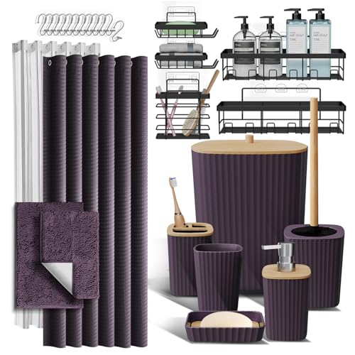 Shower Caddy and Bathroom Accessories Set with Bath Rugs 27PC Bathroom Accessory Set with Shower Caddies Purple Bath Rugs, Shower Curtain Set, Toilet Brush Trash Can, Soap Dispenser, Toothbrush holder