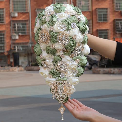 "Mhojpik Luxury Cascade Bridal Wedding Bouquet Satin Rose Waterfall Holding Bouquet Artificial Flower Bunch for Bride Bridesmaid(Sage Green & Ivory, 17.3"" x 8.7"")"